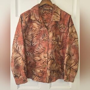 Chicos Safari Tiger Animal Print Micro Suede Button Up Shirt Jacket- Size 2 (Lg)